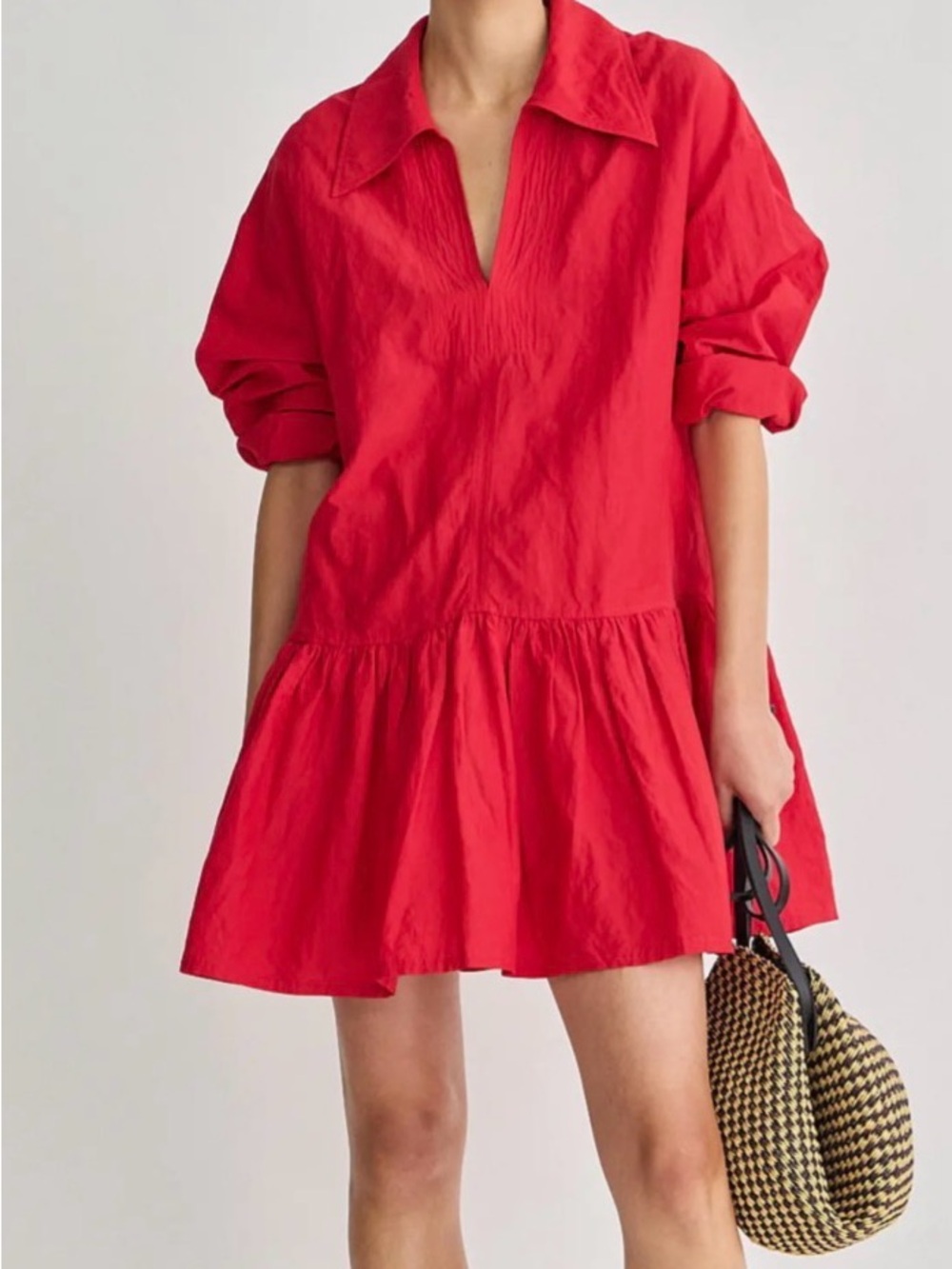 Apiece Apart Romana Poplin, Tiered Mini Dress in Samba Red
